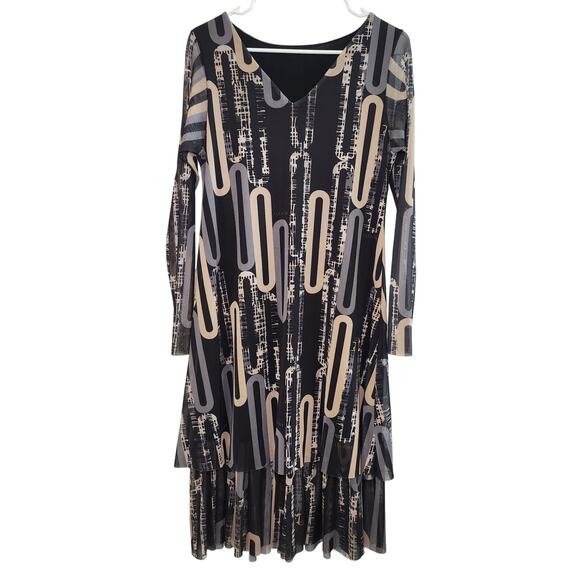 Krocco's Women's Layered Midi Dress Long Sleeve, Black Gray & Beige, Size M - Picture 1 of 5